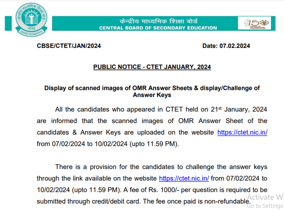 CTET Answer Key 2024 Notice